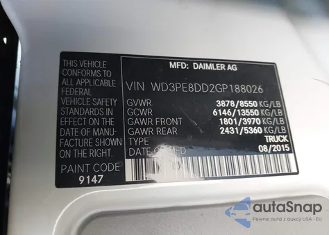 2016 Mercedes-Benz Sprinter 2500 High Roof z USA, uszkodzony, nr VIN WD3PE8DD2GP188026